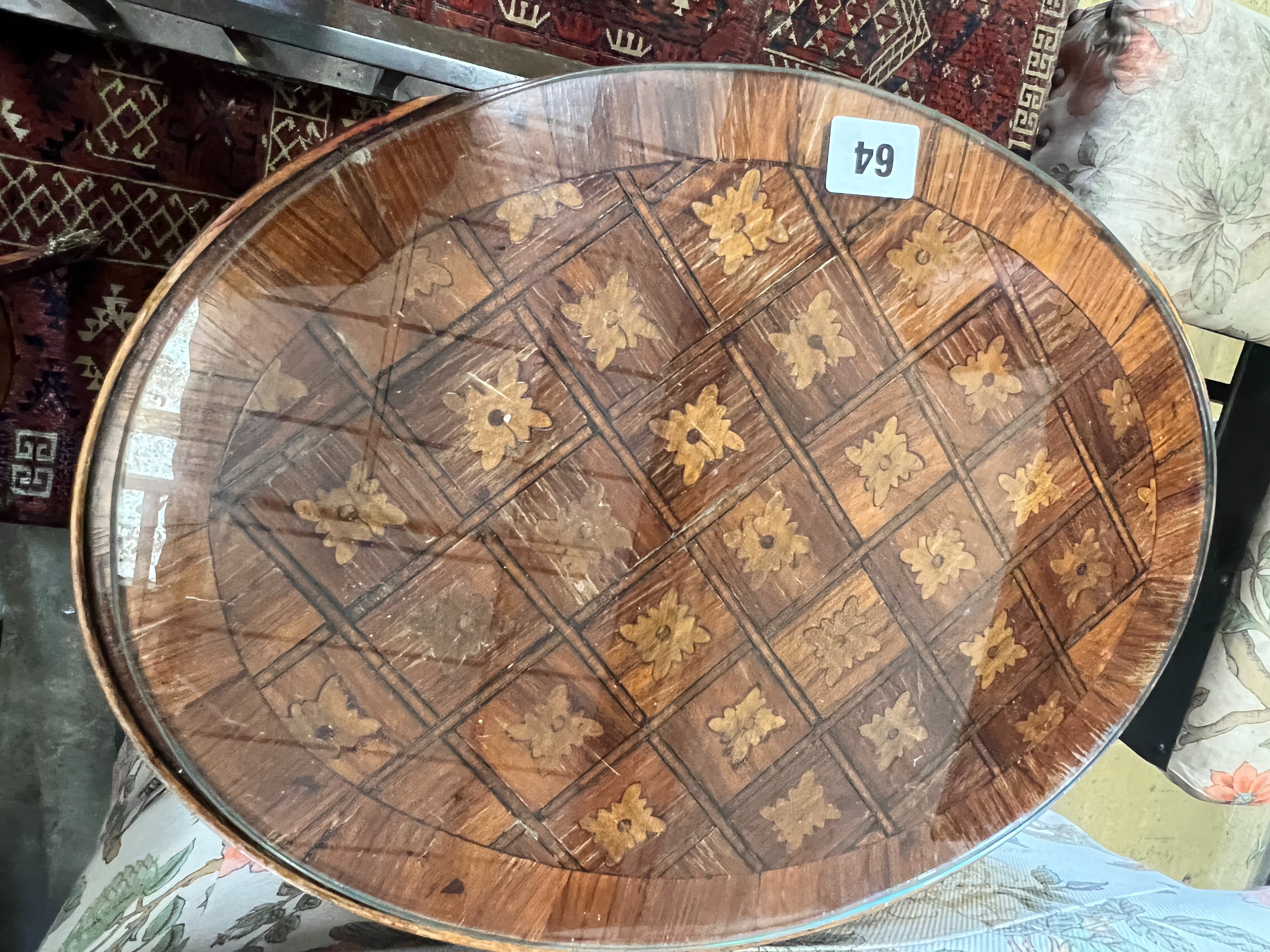 A pair of French transitional style oval parquetry inlaid bedside cupboards, kidney shaped under tiers, width 40cm, depth 30cm, height 69cm